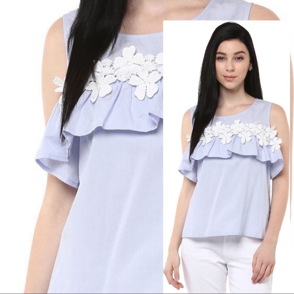 Light Blue Off-Shoulder Summer Top w/Lace Detail